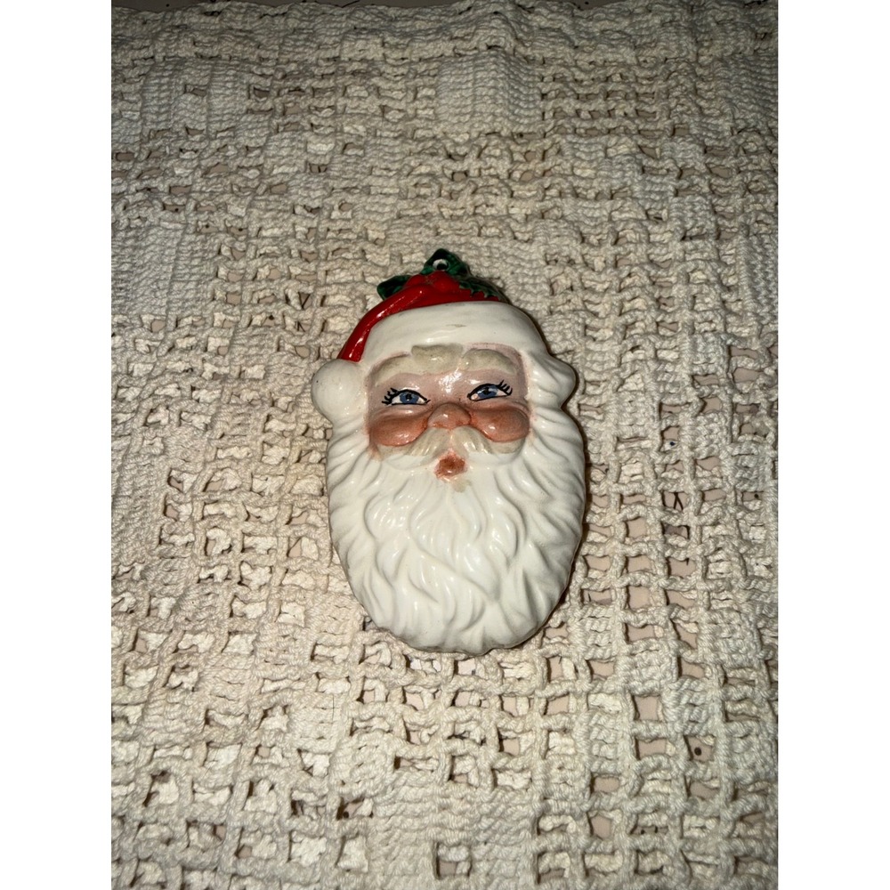 Vintage Ceramic Santa Claus Face Ornament Hand Painted Christmas Decor Red White